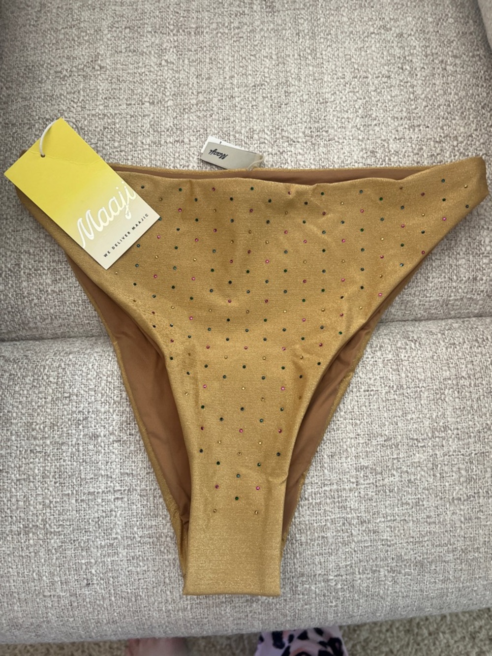 Maaji Gold Bikini Bottom with Multicolor Stud Accents